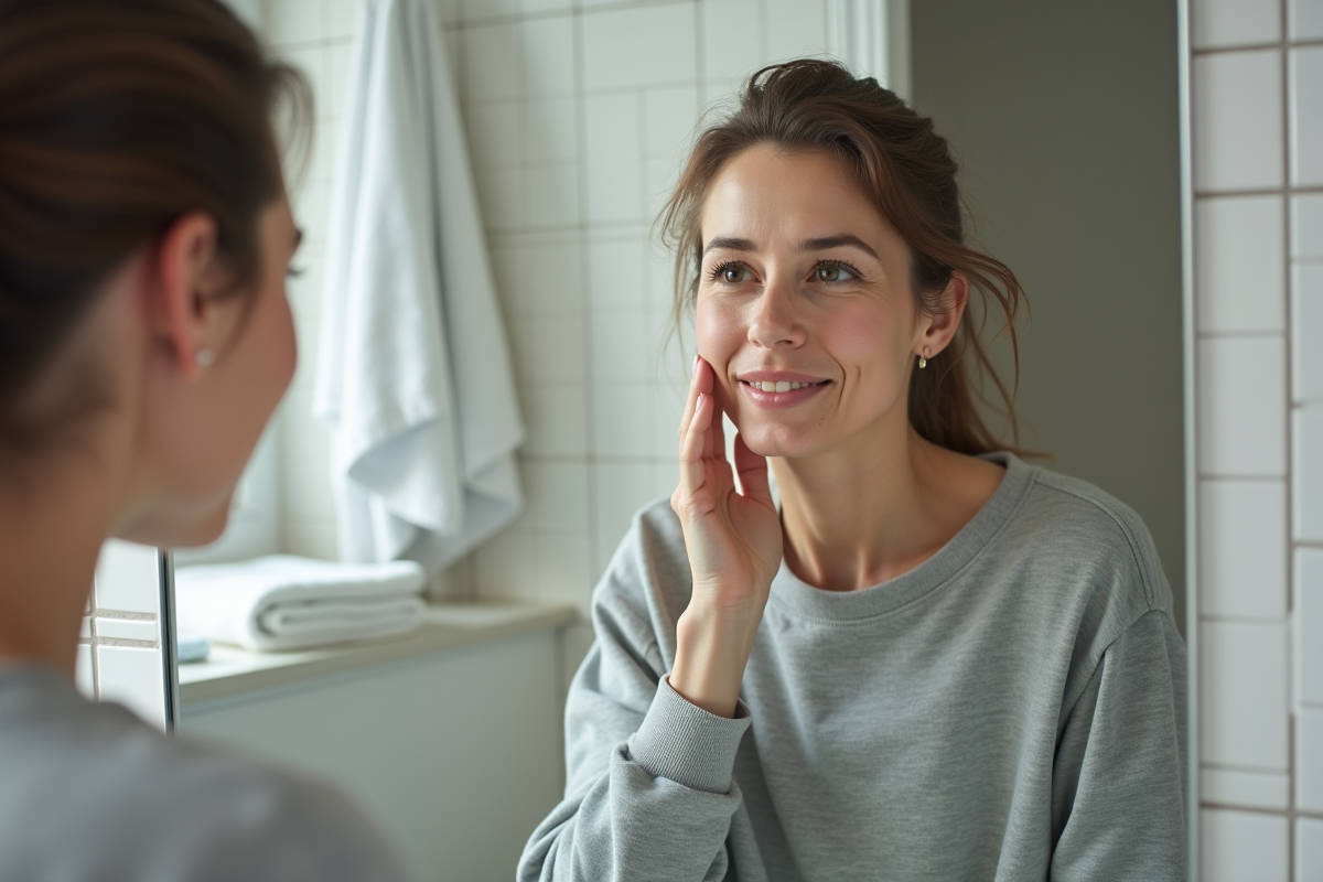 Femme regardant son reflet dans un miroir de salle de bain