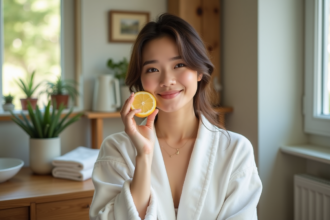 Jeune femme en peignoir pressant un citron sur la joue