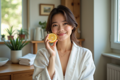 Jeune femme en peignoir pressant un citron sur la joue