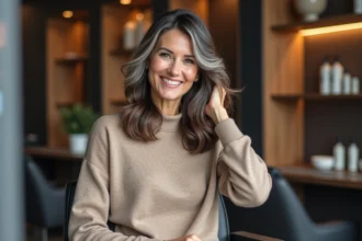 Femme élégante aux cheveux gris et brun dans un salon moderne