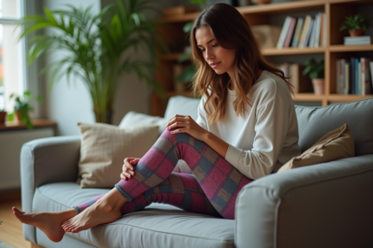 Jeune femme assise sur un canapé en intérieur avec leggings colorés