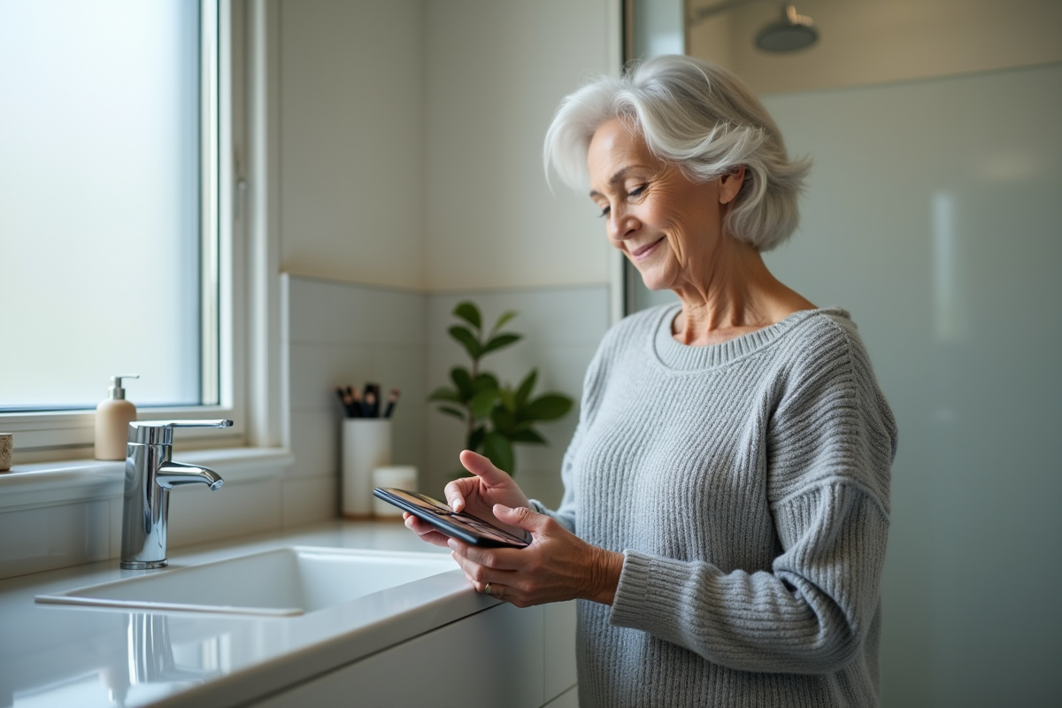 Femme âgée choisissant une palette de maquillage dans la salle de bain