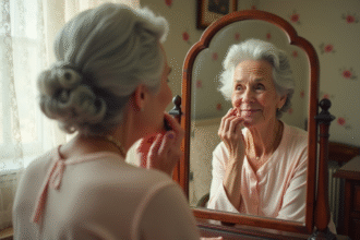 Femme senior appliquant du rouge à lèvres dans un miroir
