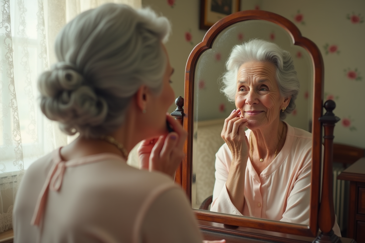 Femme senior appliquant du rouge à lèvres dans un miroir