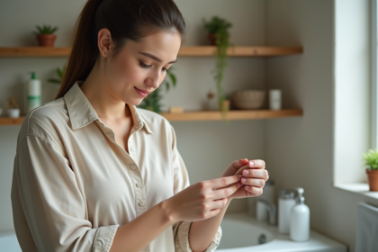 Femme appliquant gel sur cicatrice bras dans salle de bain