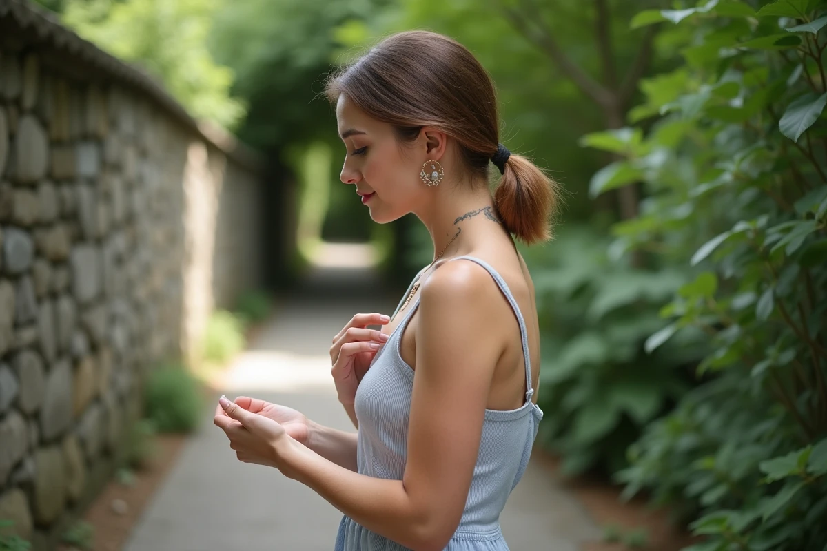 Jeune femme appliquant soin sur tatouage en extérieur