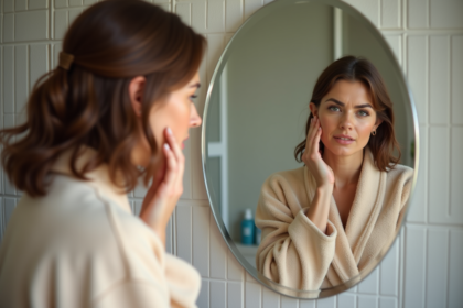 Femme dans sa salle de bain examine son visage dans le miroir