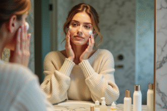 Femme appliquant crème visage devant miroir
