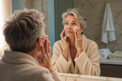 Femme de 50 ans appliquant une creme visage dans sa salle de bain