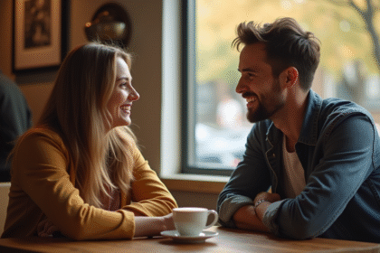 Jeune femme souriante regardant un homme dans un café chaleureux