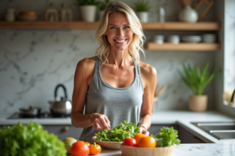 Femme active en cuisine préparant une salade saine