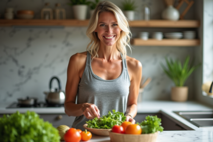 Femme active en cuisine préparant une salade saine