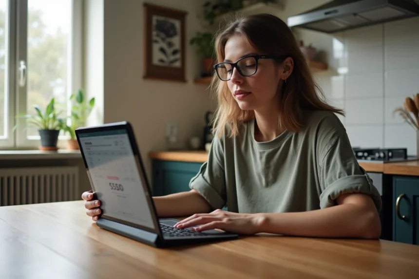 Jeune femme avec tablette pour calculer tatouages