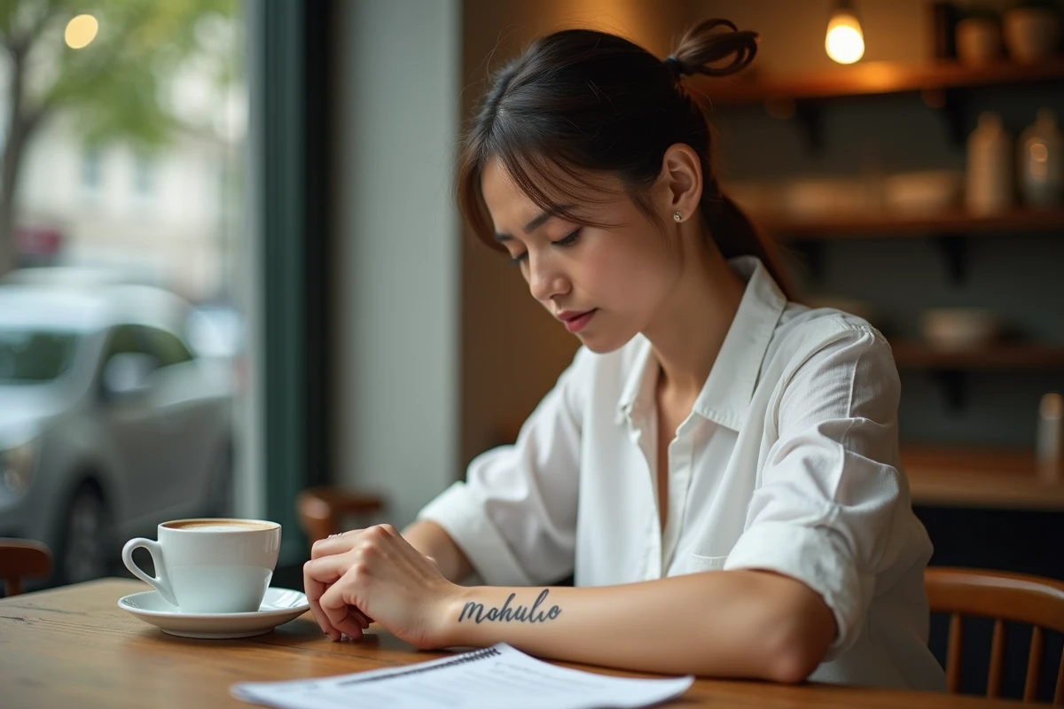 Femme observant avec inquiétude un tatouage de prénom sur son poignet dans un café urbain