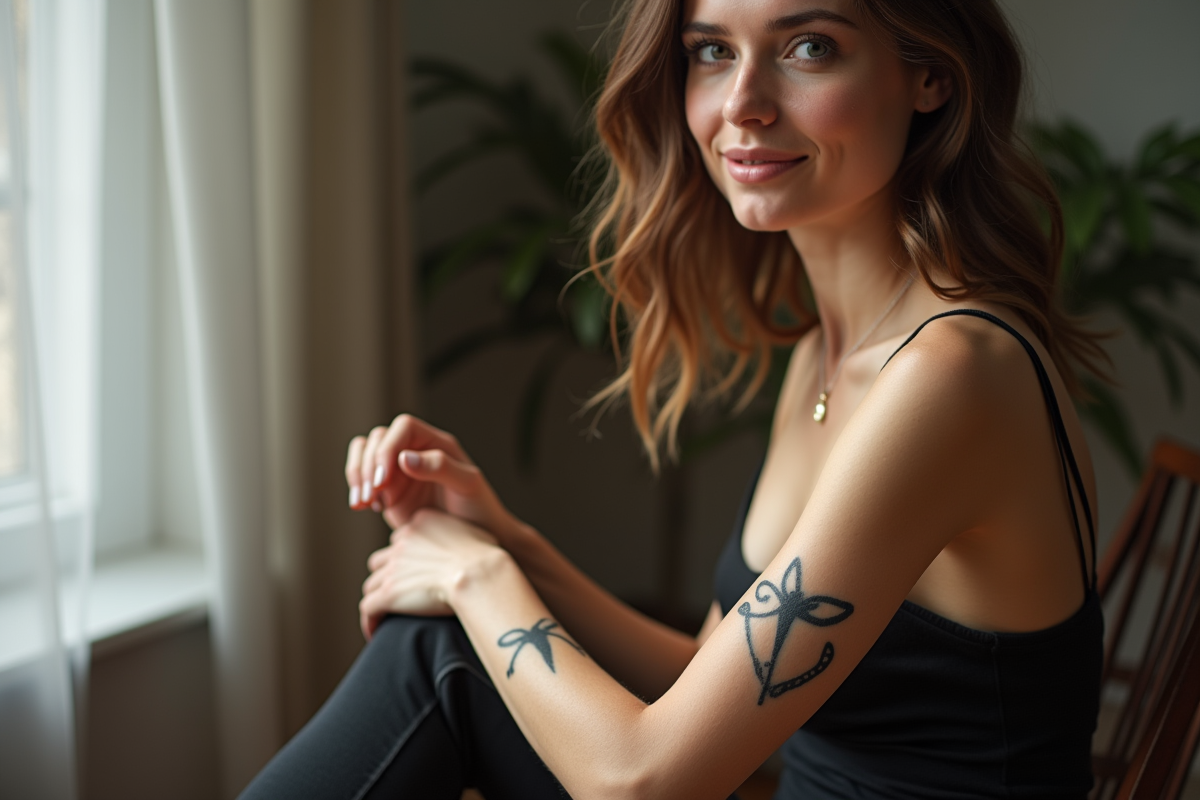 Femme avec tatouage minimaliste assise dans un studio lumineux