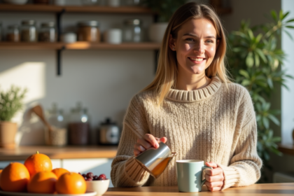Femme souriante dans une cuisine chaleureuse avec thé et fruits