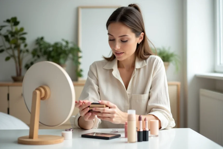 Femme testant des produits de maquillage pas cher devant un miroir de coiffeuse, ambiance chambre minimaliste scandinave