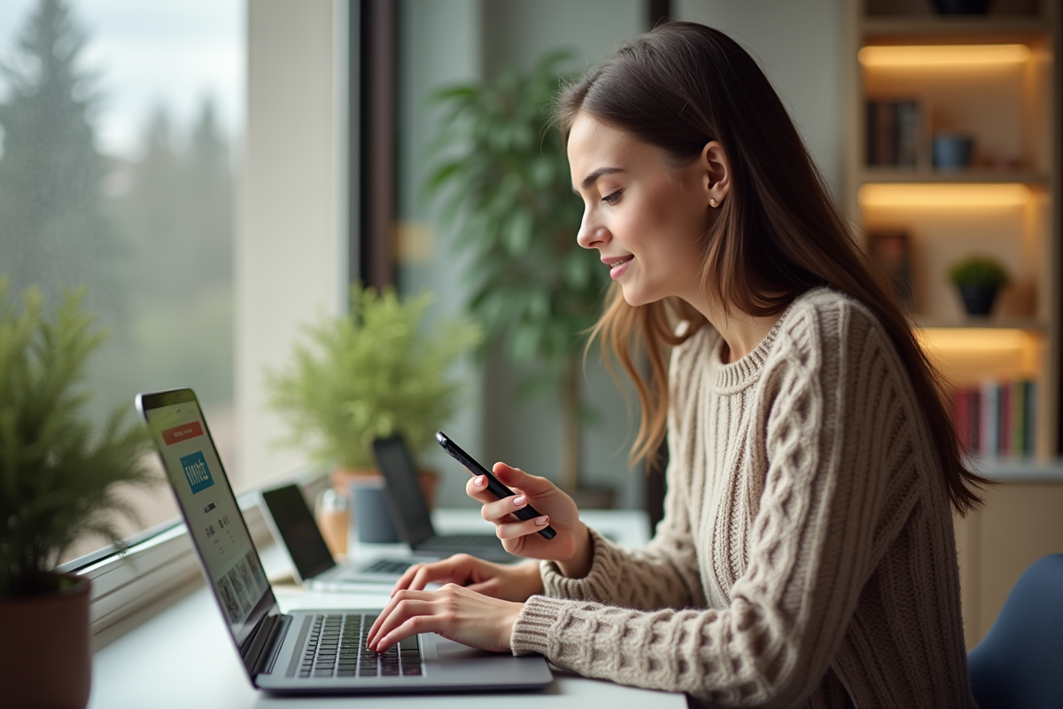 Jeune femme travaillant sur son ordinateur avec Vinted