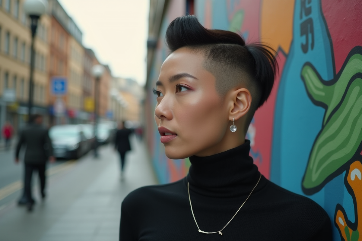 Femme avec coupe undercut devant un mur de street art