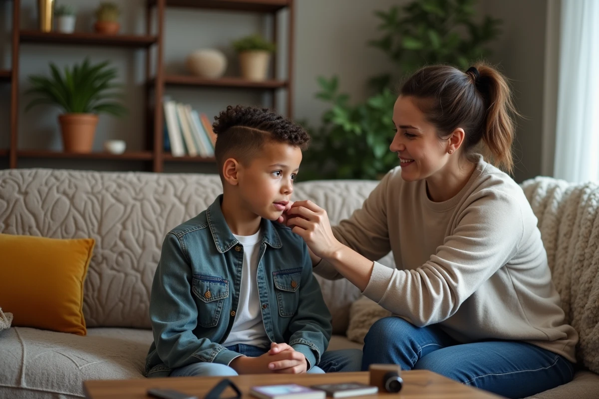 Adolescent se faisant coiffer par une femme dans le salon