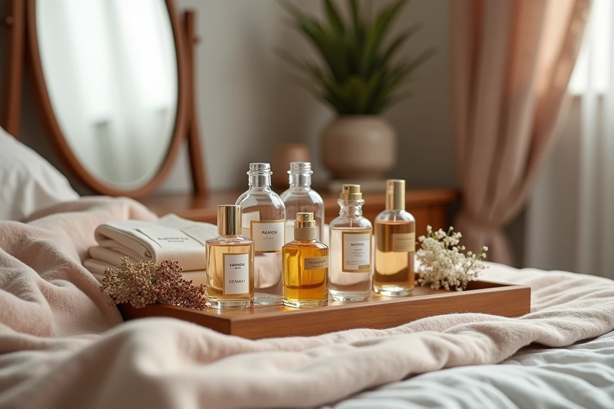 Rangée de flacons de parfums Adopt et de parfums de luxe disposés sur une coiffeuse en bois avec fleurs séchées