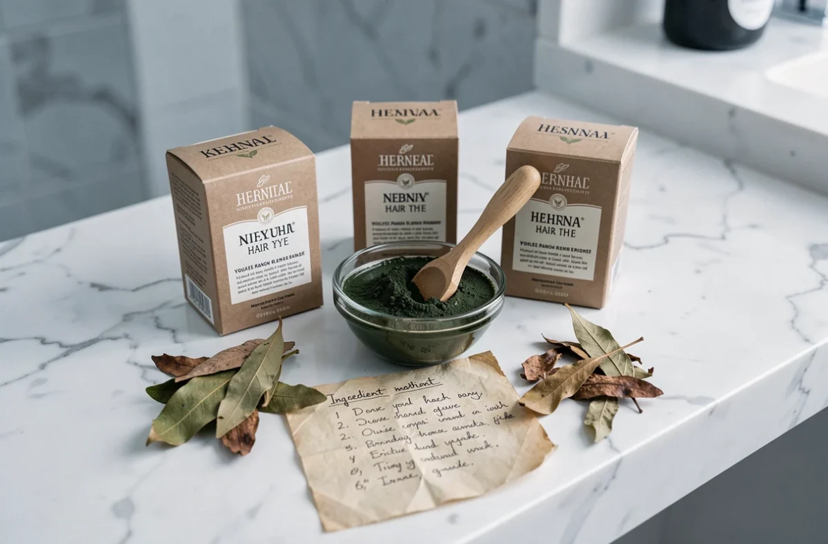 Flat-lay de produits henné naturels, poudre de henné et liste d'ingrédients sur marbre pour coloration sûre en grossesse