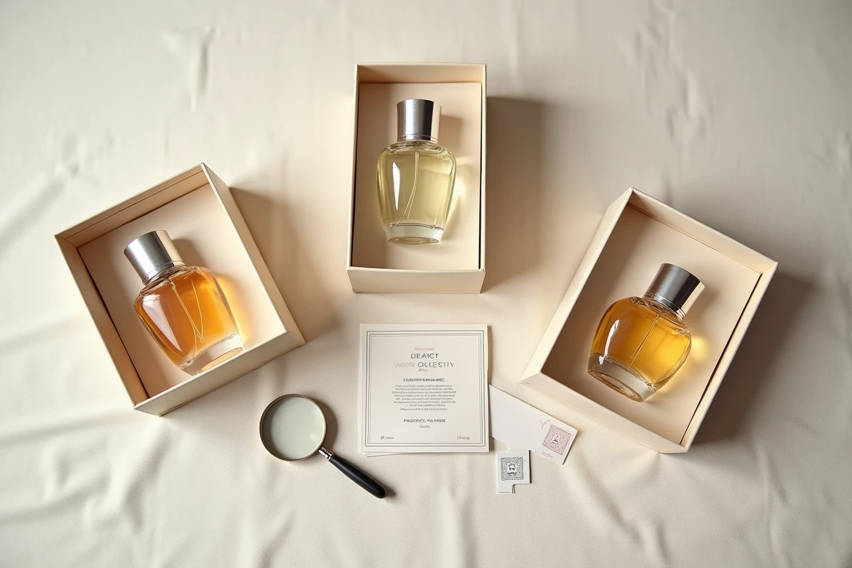 Flat lay de flacons de parfum de collection avec boîtes numérotées et certificat d'authenticité sur lin crème