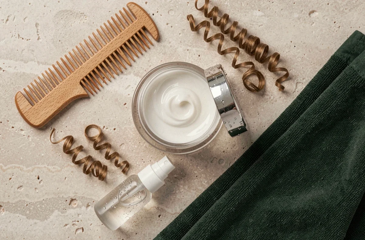 Flat-lay de crème coiffante pour cheveux bouclés avec peigne et accessoires sur surface en pierre