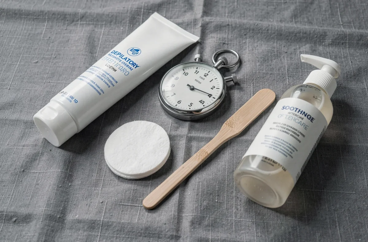 Flat lay de produits d'épilation masculine incluant crème dépilatoire, spatule et lotion apaisante sur fond lin gris