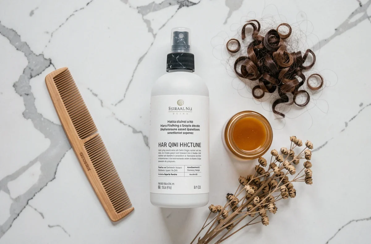 Flat lay minimaliste d'un spray coiffant anti-frisottis et accessoires capillaires sur un comptoir en marbre blanc
