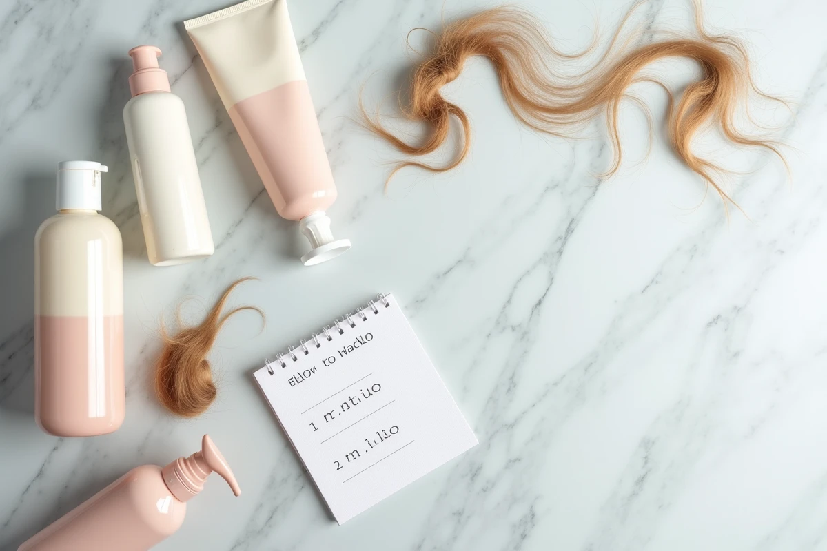 Flatlay de produits capillaires comparés sur marbre avec notes manuscrites pour un test et avis consommateur