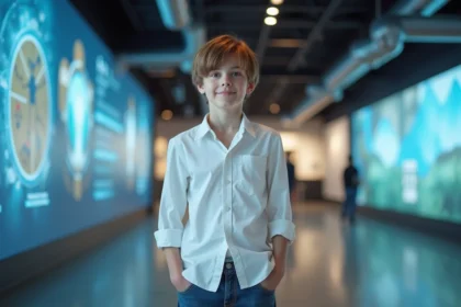 Garçon de 12 ans dans un musée scientifique moderne