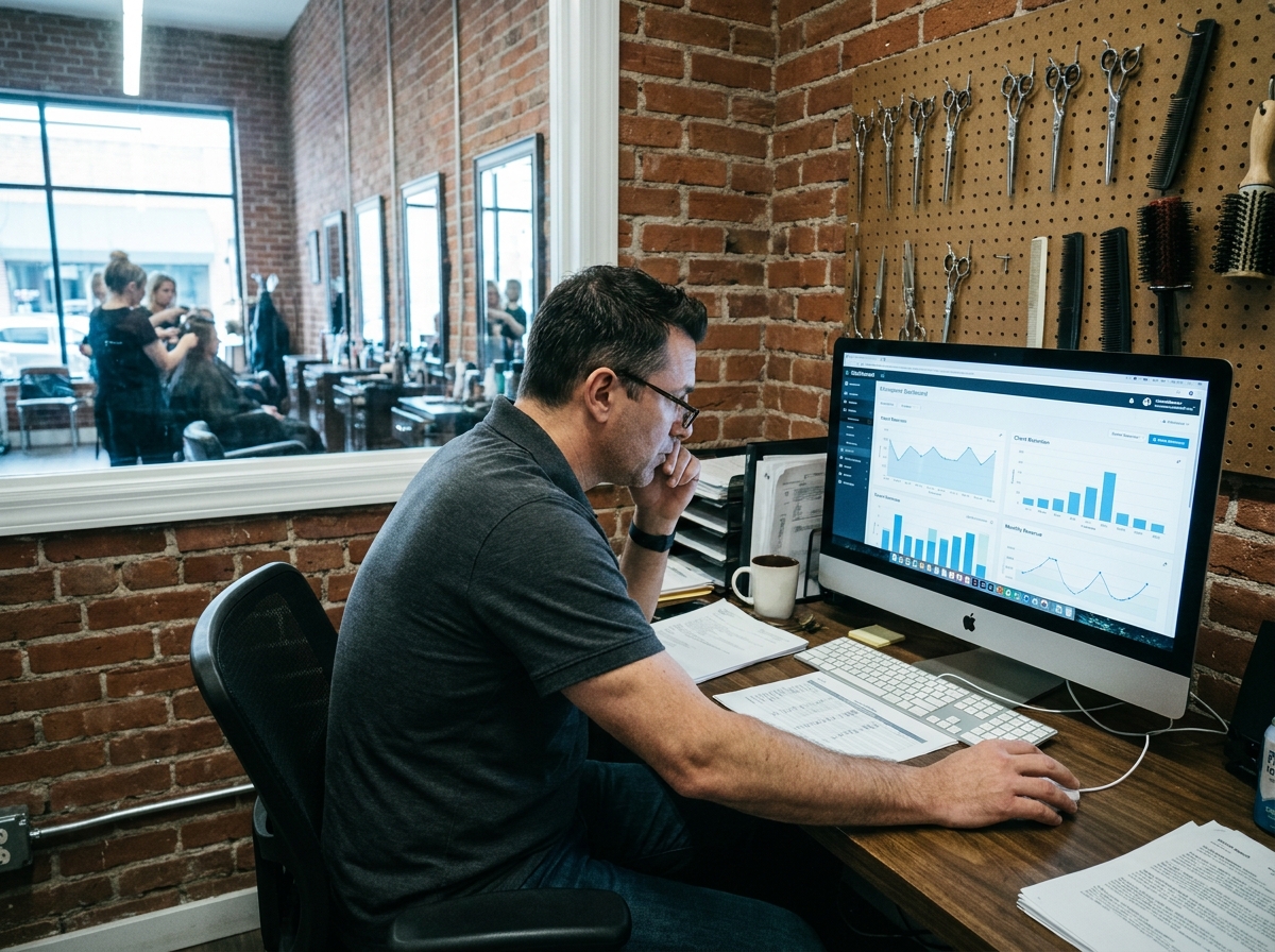 Gérant de salon de coiffure analysant des données clients et financières sur un logiciel de gestion en arrière-boutique