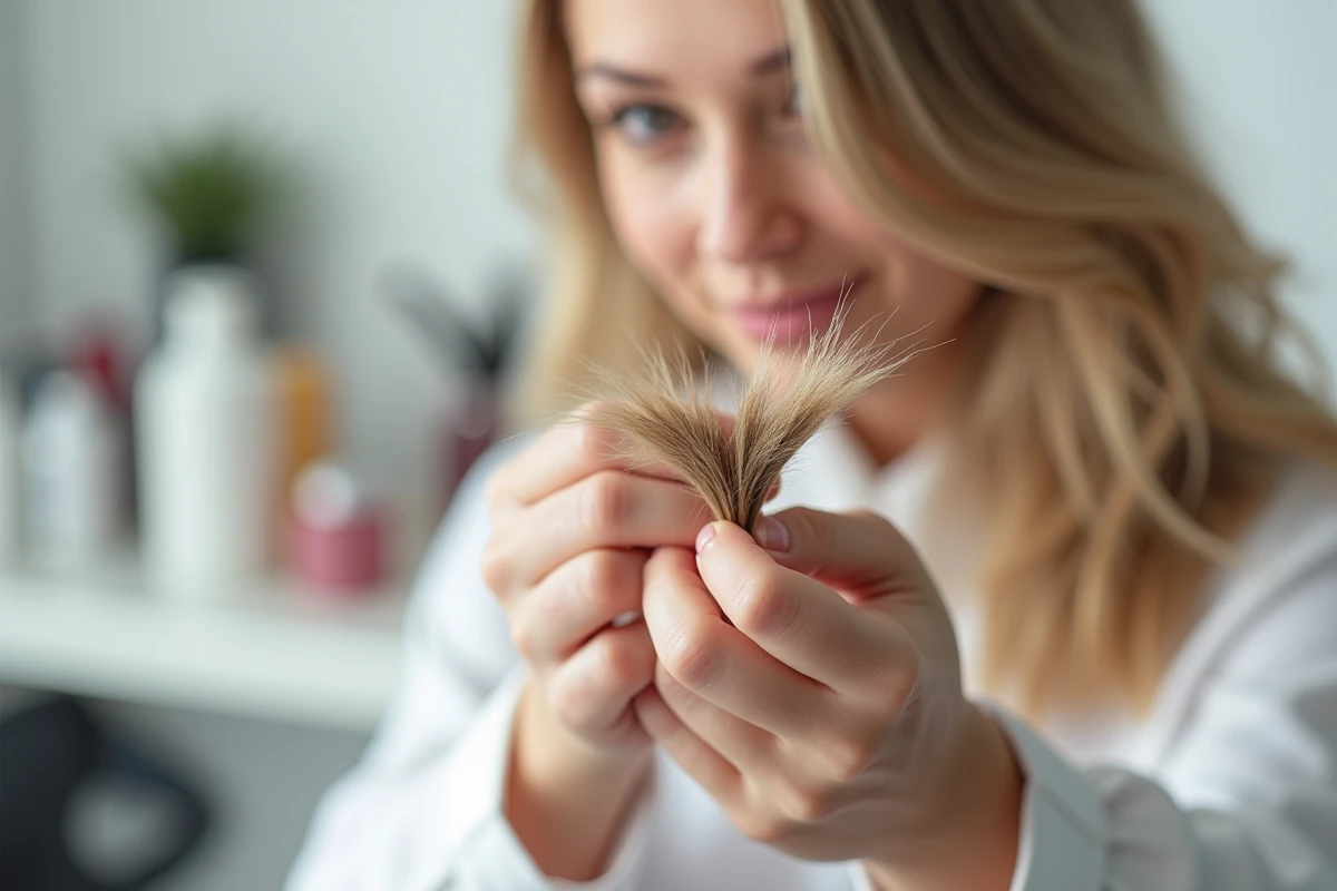 Gros plan de cheveux abîmés avec pointes cassantes et fourches tenus entre les doigts dans un salon de coiffure