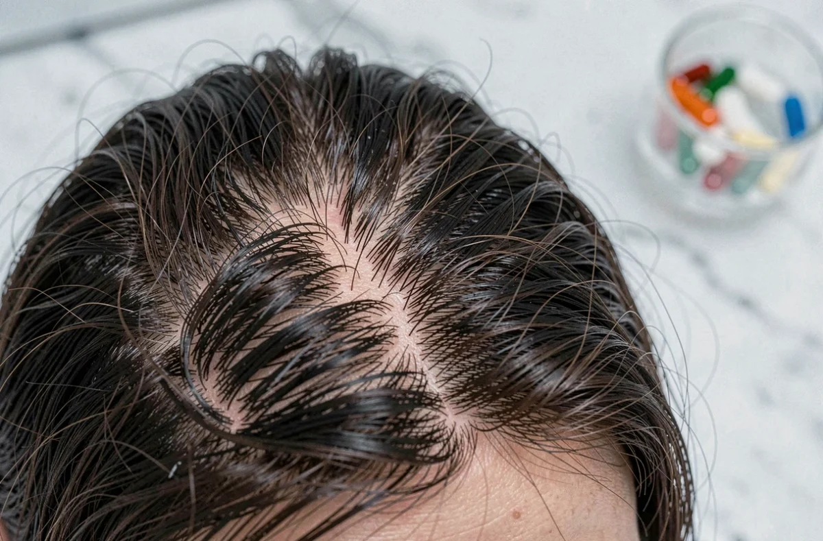Gros plan sur le cuir chevelu et les racines de cheveux clairsemés révélant une pousse ralentie par manque de vitamines