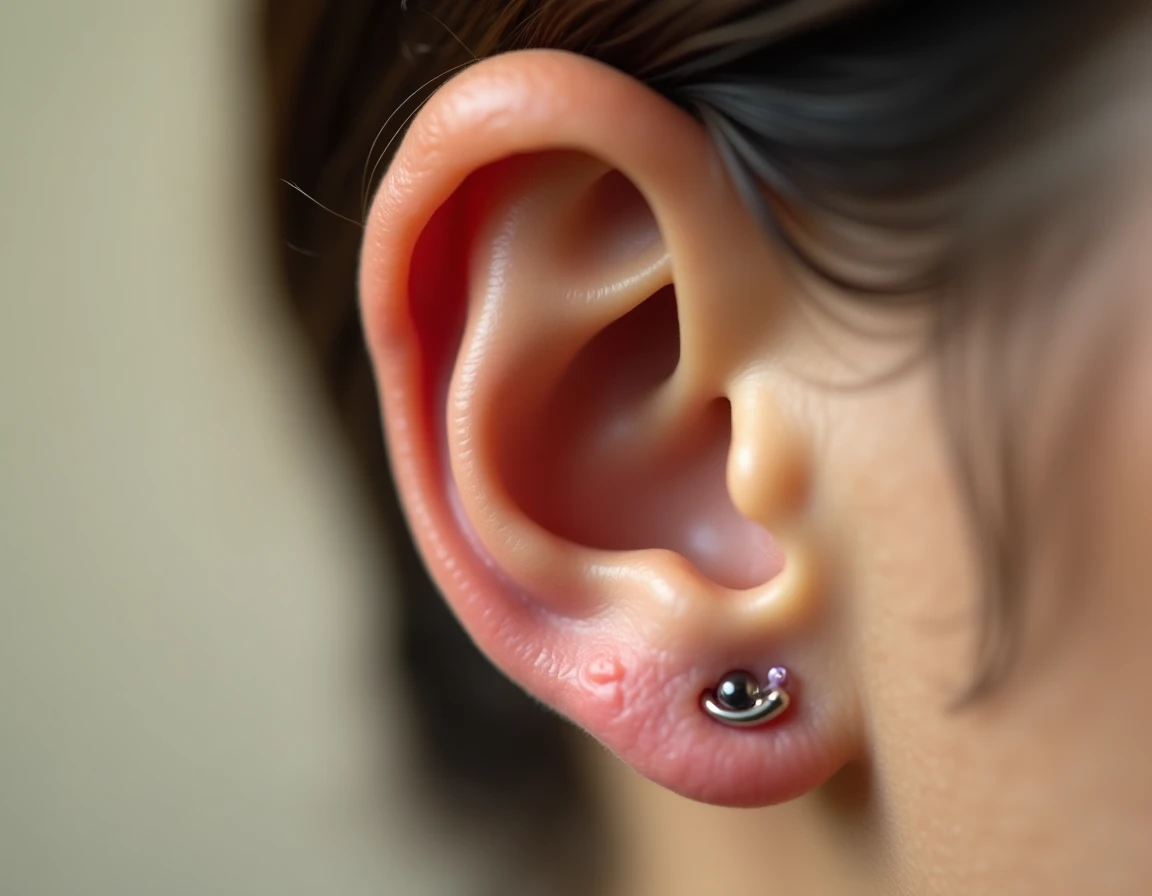 Gros plan d'un piercing du cartilage supérieur de l'oreille présentant des signes d'irritation et de légère infection