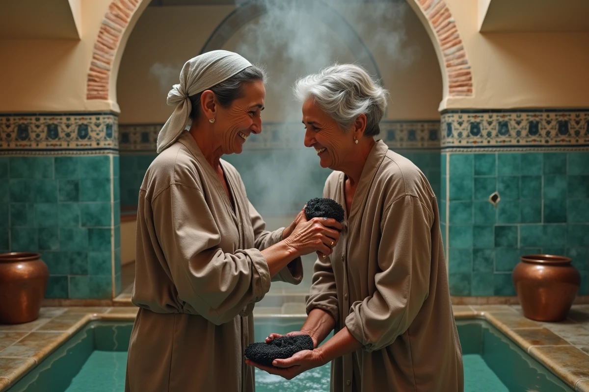 Deux femmes marocaines partageant un rituel de hammam avec savon beldi noir et gant kessa dans un bain traditionnel