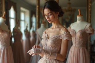 Femme élégante en couture ajustant un gant en soie dans un atelier parisien