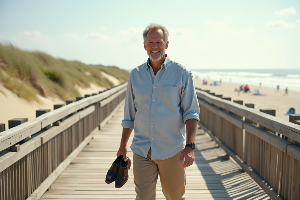 Homme en chemise et pantalon près du ponton plage