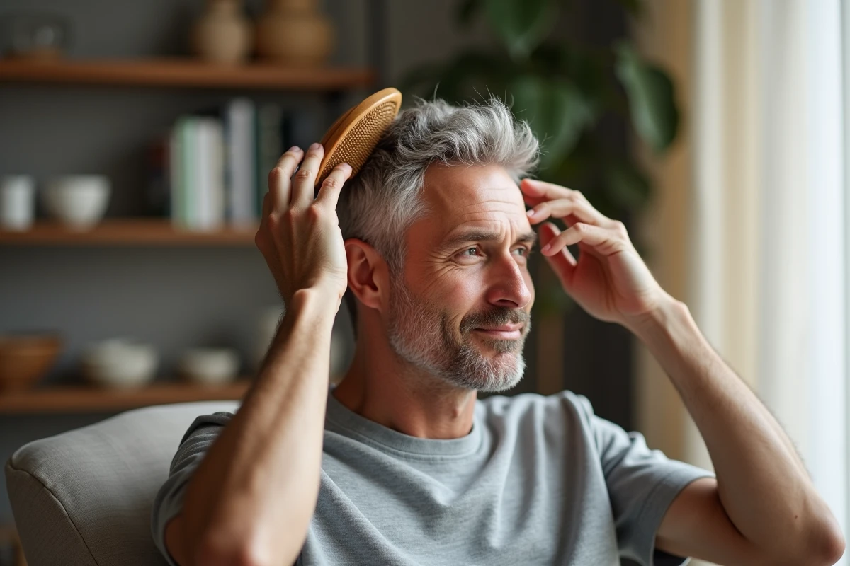 Homme d'âge mûr utilisant une brosse massante en bois sur son cuir chevelu dans un salon minimaliste