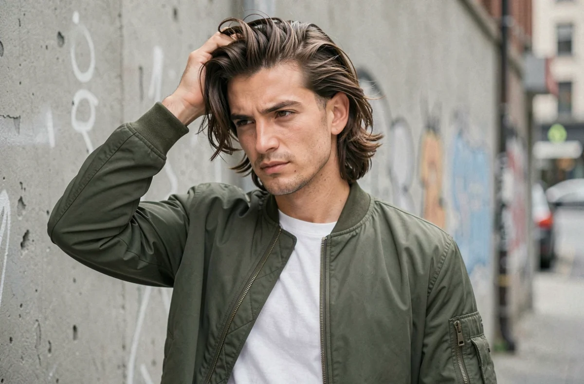 Jeune homme aux cheveux longs fins et dégradé bas en extérieur urbain, coiffure structurée avec volume à la racine et fondu propre
