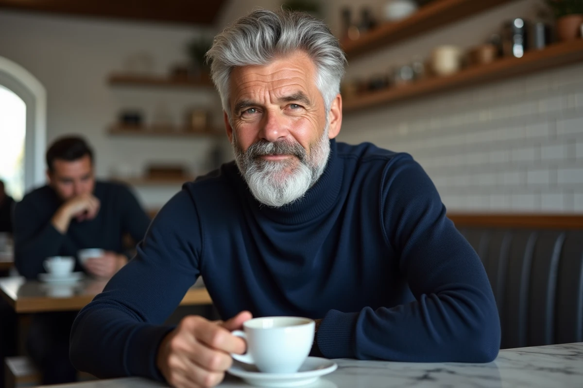 Homme élégant aux cheveux et barbe gris argent assis dans un café parisien, portant un col roulé marine, illustrant un style masculin soigné
