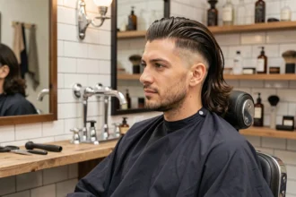 Homme aux cheveux longs dégradé bas assis dans un fauteuil de barbier, coiffure volumineuse sur cheveux fins avec fondu net au niveau des tempes