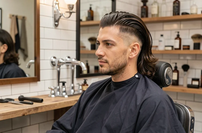 Homme aux cheveux longs dégradé bas assis dans un fauteuil de barbier, coiffure volumineuse sur cheveux fins avec fondu net au niveau des tempes