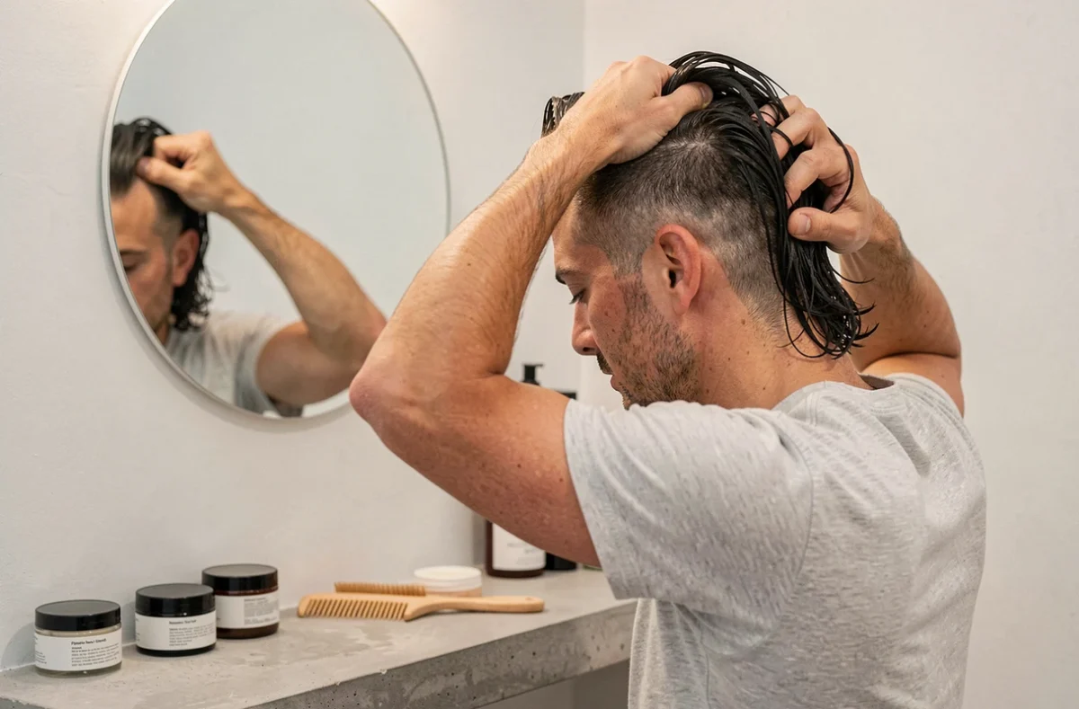 Homme en train de coiffer ses cheveux longs fins avec un dégradé bas dans une salle de bain moderne, application de produit coiffant pour ajouter du volume