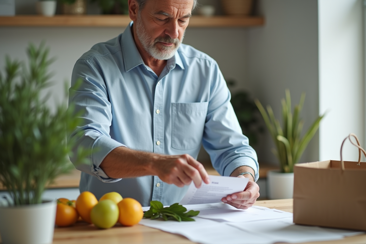 Homme examine ses courses dans une cuisine à la maison