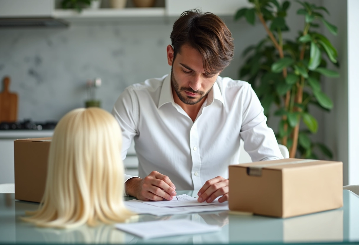 Homme découvrant des perruques Kristia dans la cuisine moderne