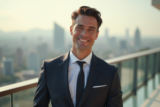 Homme élégant avec sourire confiant devant la ville