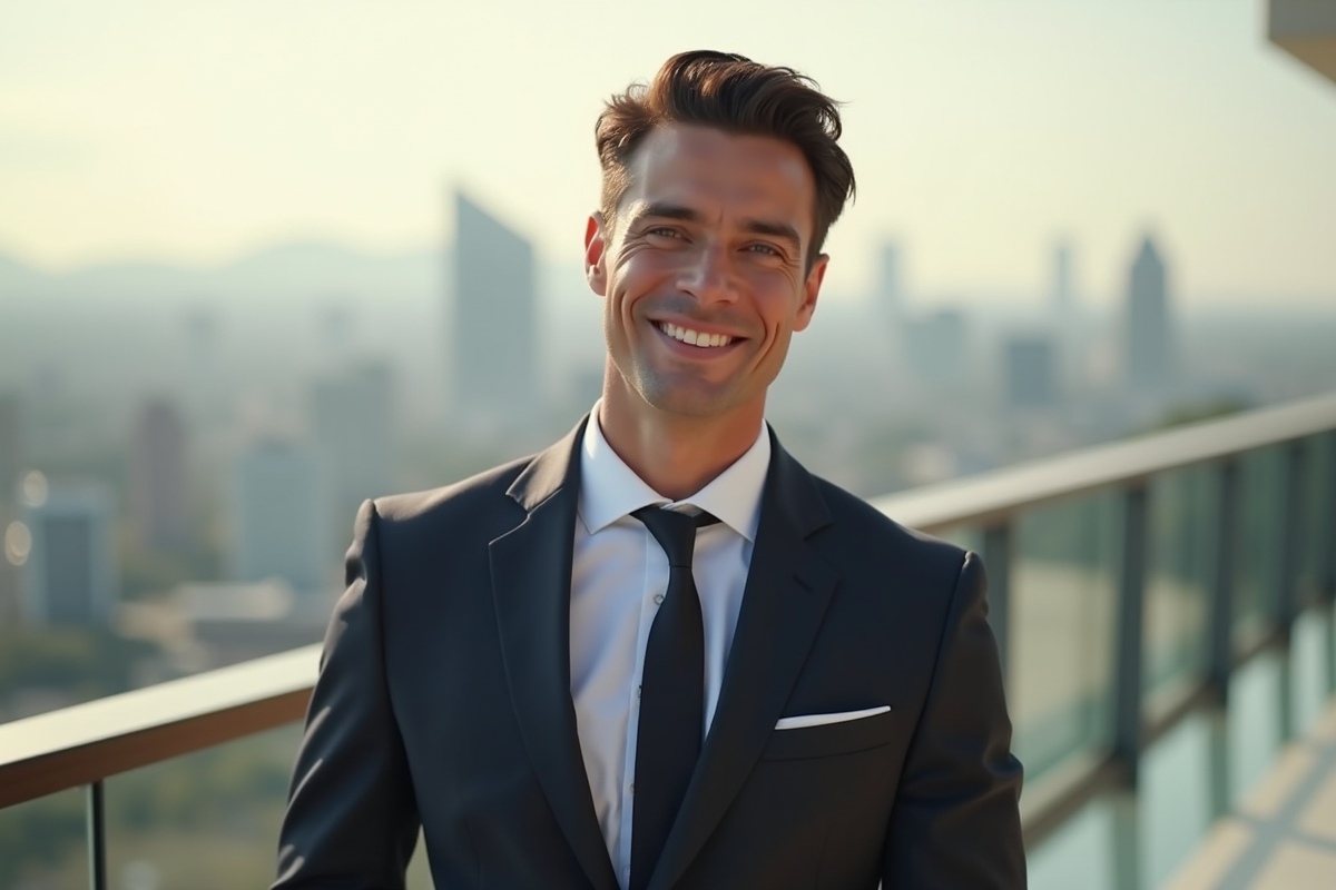 Homme élégant avec sourire confiant devant la ville