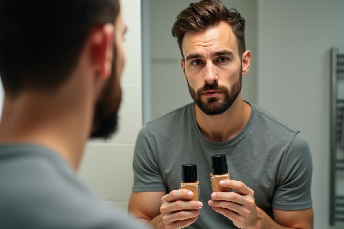 Homme regardant deux bouteilles de fond de teint dans la salle de bain